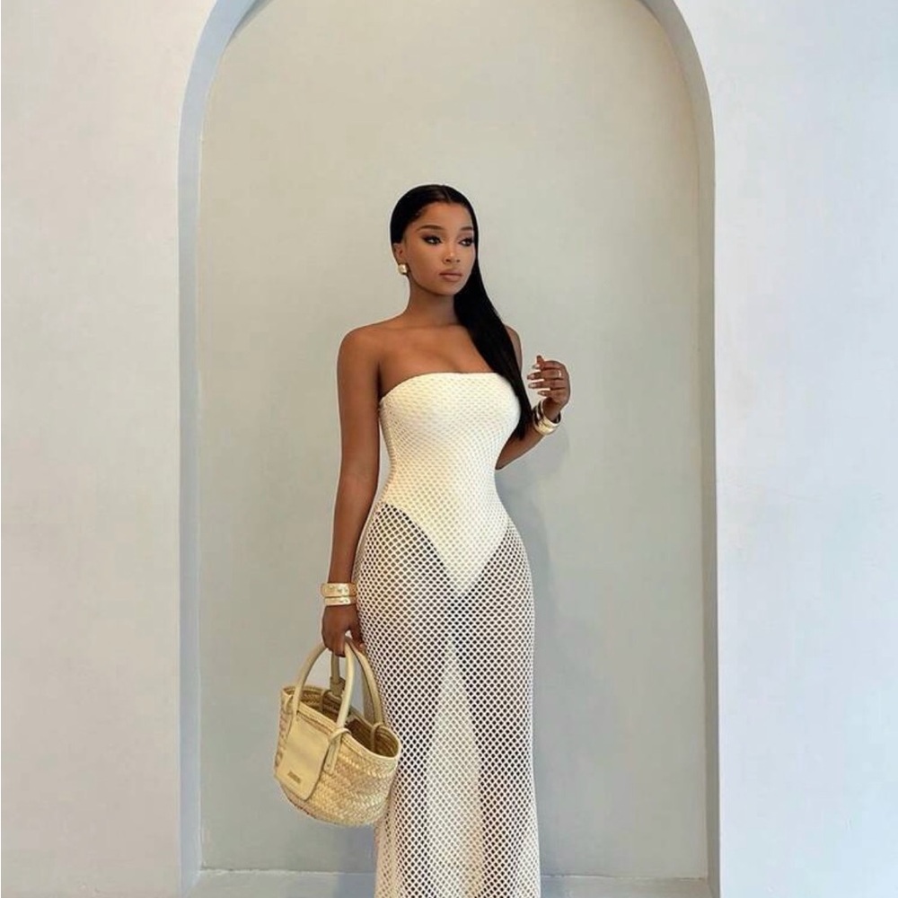 Strapless Cream Mesh Maxi Dress